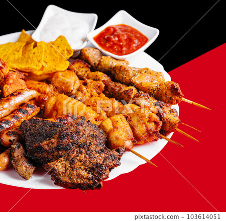 Assorted meat on a plate close up 103614051