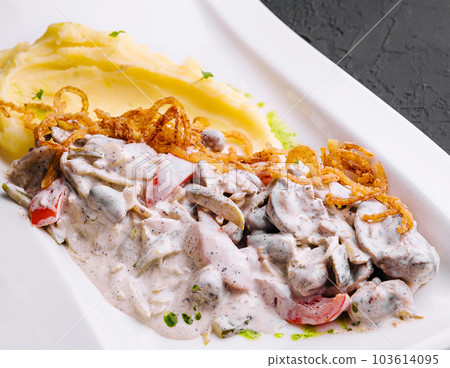 Mashed potatoes with mushroom gravy with onion chips 103614095