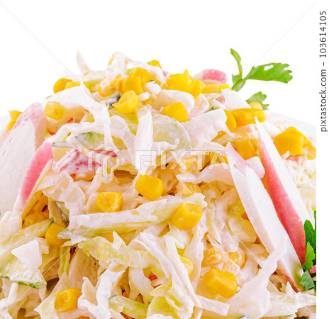 Salad with corn, crab sticks, cucumbers, eggs and mayonnaise Salad with corn, crab sticks, cucumbers, eggs and mayonnaise 103614105