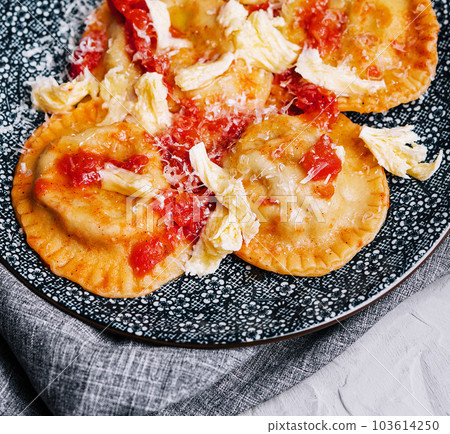 Homemade dumplings on plate on top view 103614250