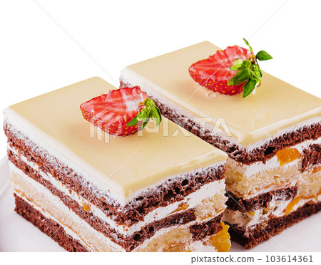 two pieces multi-layered cocoa sponge cake 103614361