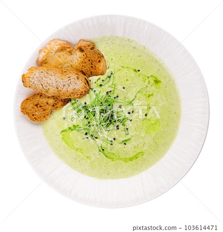 Bowl of tasty mushroom cream soup and bread 103614471