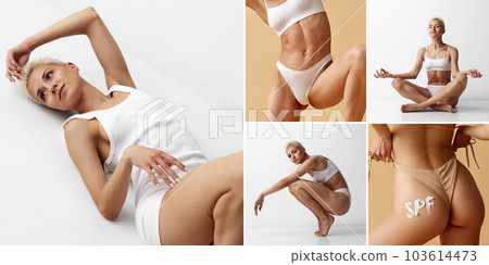 Collage. Beautiful young blonde girl with slim body shape posing in underwear and swimsuit against studio background Collage. Beautiful young blonde girl with slim body shape posing in underwear and swimsuit against studio background 103614473