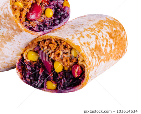 Mexican beef burrito isolated on white background Mexican beef burrito isolated on white background 103614634