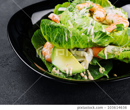 Fresh green salad with shrimp and avocado Fresh green salad with shrimp and avocado 103614636