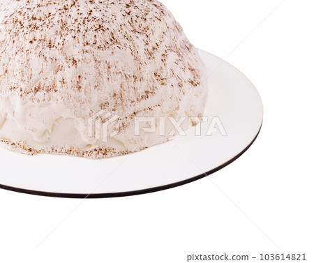 White mousse cake on white plate White mousse cake on white plate 103614821