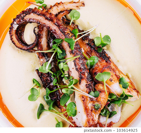 grilled octopus with potato cream soup 103614925