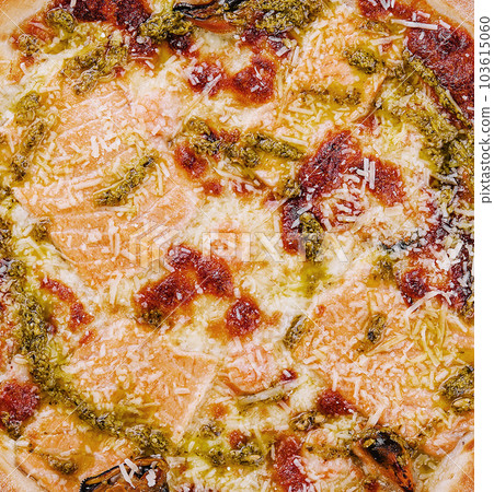 pizza with salmon and mussels top view pizza with salmon and mussels top view 103615060