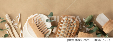 Natural cosmetic products, Zero waste, eco friendly bathroom accessories on beige background with leaves shadows 103615293