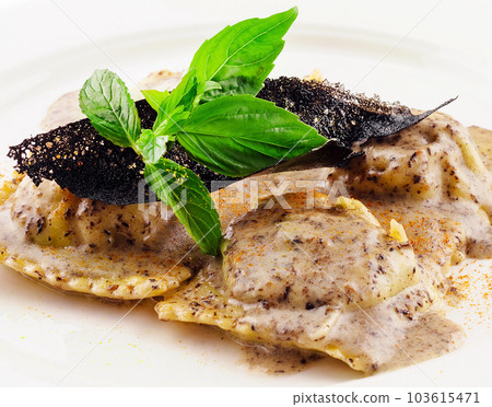 Ravioli in creamy truffle sauce on plate Ravioli in creamy truffle sauce on plate 103615471