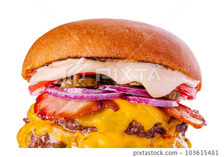 Bacon cheese burger with beef patty tomato onion 103615481