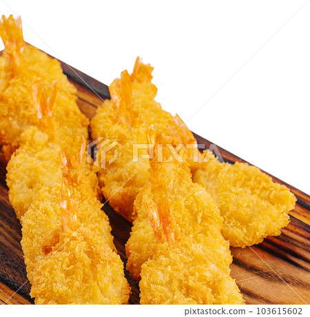 Fried Shrimps tempura on wooden board 103615602