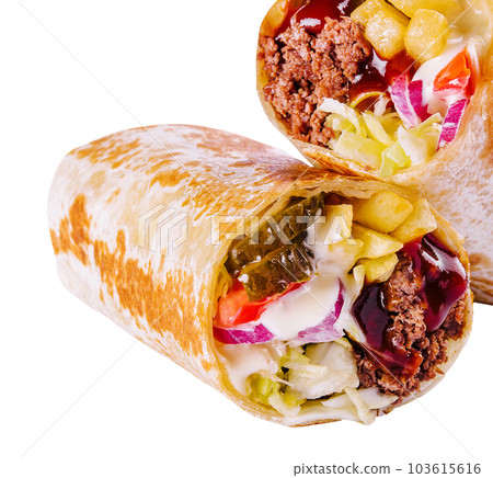 Tortilla wraps with minced meat and french fries 103615616