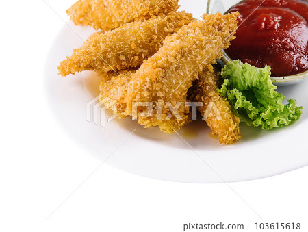 Homemade chicken nuggets with ketchup isolated 103615618