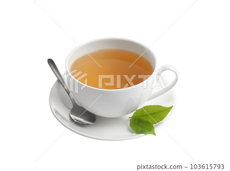 Cup of green tea and leaves isolated on white 103615793