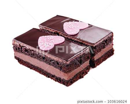 slices of cake in chocolate icing isolated on white slices of cake in chocolate icing isolated on white 103616024