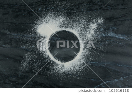 Frame made with flour on grey marble table, top view. Space for text Frame made with flour on grey marble table, top view. Space for text 103616118
