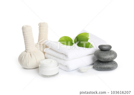 Beautiful spa composition with herbal bags on white background 103616207