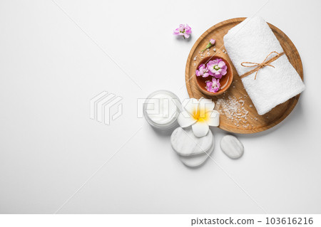 Composition with spa stones on white background, top view 103616216