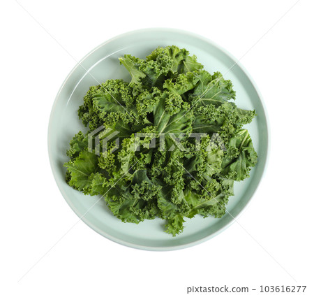 Fresh green kale leaves isolated on white, top view 103616277