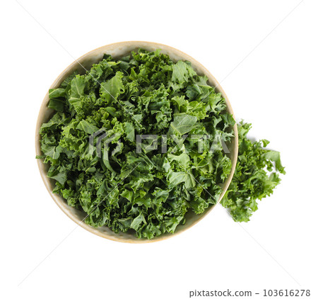 Fresh green kale leaves isolated on white, top view 103616278