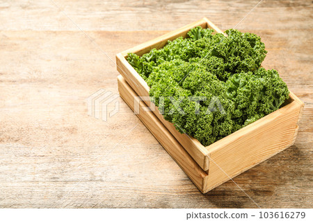 Fresh kale leaves on wooden table. Space for text 103616279