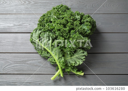 Fresh kale leaves on light grey wooden table, top view Fresh kale leaves on light grey wooden table, top view 103616280