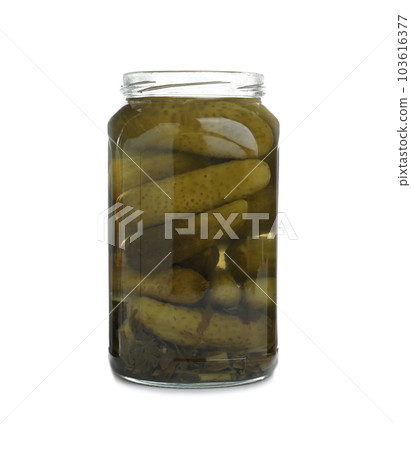 Glass jar with pickled cucumbers isolated on white 103616377