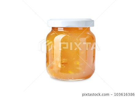 Jar of orange jam isolated on white 103616386