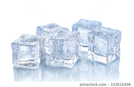 Crystal clear ice cubes with water drops isolated on white 103616406