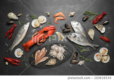 Fresh fish and different seafood on black table, flat lay 103616534
