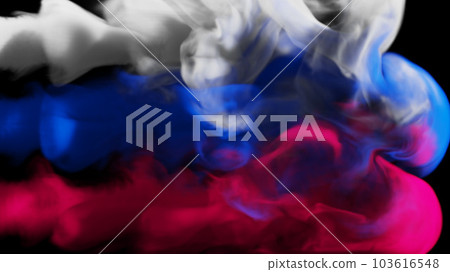 Puffs of multi-colored smoke move on a black background. Flag of the Russian Federation. 3d illustration. Puffs of multi-colored smoke move on a black background. Flag of the Russian Federation. 3d illustration. 103616548