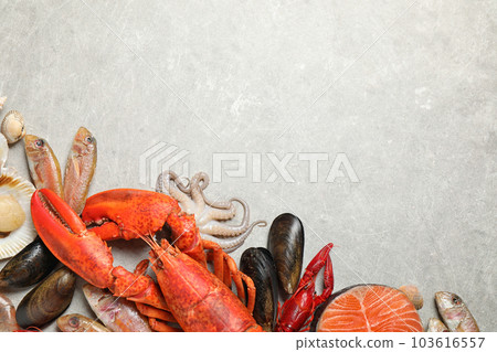 Fresh fish and different seafood on light grey table, flat lay. Space for text 103616557