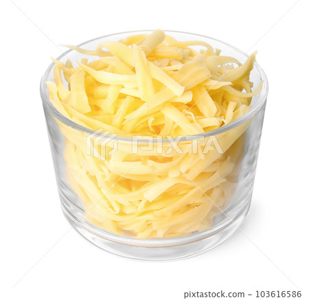 Glass bowl with grated cheese isolated on white 103616586