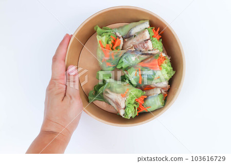 mackerel rolls, fish rolls or vegetable rolls or fresh spring rolls mackerel rolls, fish rolls or vegetable rolls or fresh spring rolls 103616729