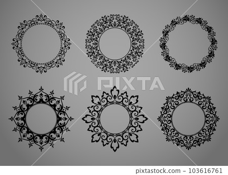 Set of decorative frames Elegant vector element for design in Eastern style, place for text. Floral black and gray borders. Lace illustration for invitations and greeting cards Set of decorative frames Elegant vector element for design in Eastern style, place for text. Floral black and gray borders. Lace illustration for invitations and greeting cards 103616761