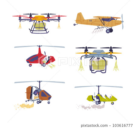 Agricultural Biplane with Propeller for Aerial Application of Pesticides Vector Illustration Set Agricultural Biplane with Propeller for Aerial Application of Pesticides Vector Illustration Set 103616777