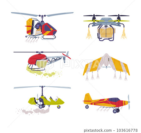 Agricultural Biplane with Propeller for Aerial Application of Pesticides Vector Illustration Set Agricultural Biplane with Propeller for Aerial Application of Pesticides Vector Illustration Set 103616778