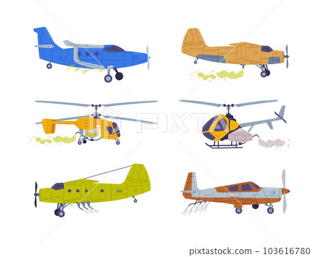 Agricultural Biplane with Propeller for Aerial Application of Pesticides Vector Illustration Set Agricultural Biplane with Propeller for Aerial Application of Pesticides Vector Illustration Set 103616780