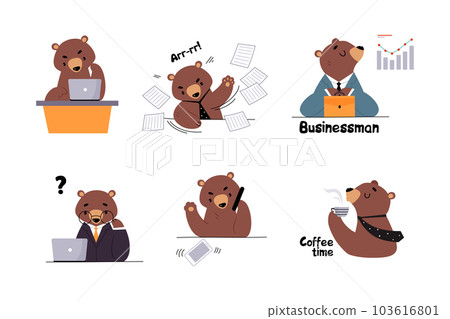 Bear Staff or Office Employee in Tie and Suit Vector Illustration Set Bear Staff or Office Employee in Tie and Suit Vector Illustration Set 103616801