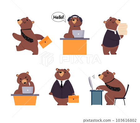 Bear Staff or Office Employee in Tie and Suit Vector Illustration Set Bear Staff or Office Employee in Tie and Suit Vector Illustration Set 103616802