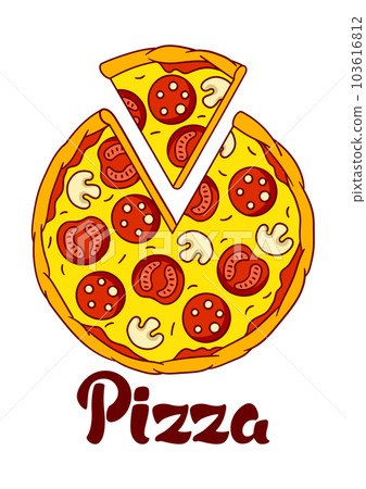 Tasty pizza slice separated. Delicious fast food meal. Illustration for cafe menu. 103616812