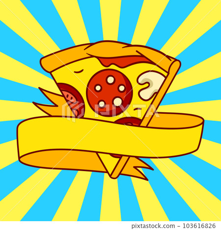 Tasty Italian pizza slice emblem. Delicious fast food meal. Illustration for cafe menu. Tasty Italian pizza slice emblem. Delicious fast food meal. Illustration for cafe menu. 103616826