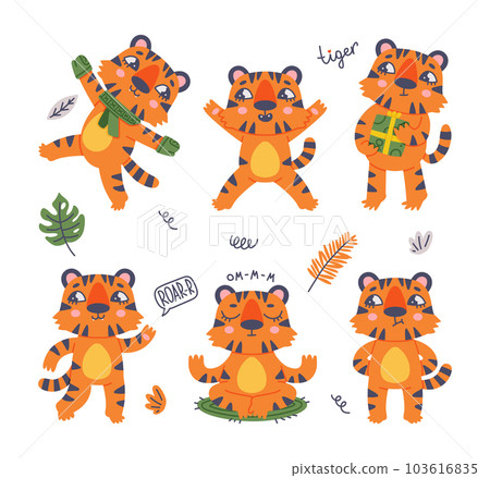 Funny Tiger Cub with Orange Fur and Stripes Vector Illustration Set Funny Tiger Cub with Orange Fur and Stripes Vector Illustration Set 103616835