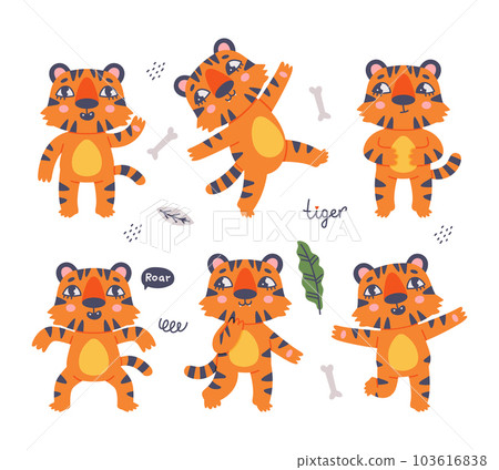 Funny Tiger Cub with Orange Fur and Stripes Vector Illustration Set 103616838