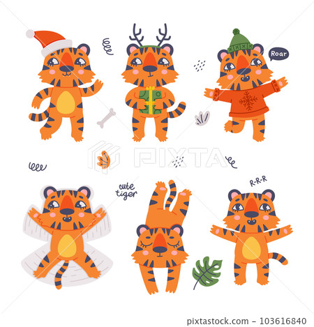 Funny Tiger Cub with Orange Fur and Stripes Vector Illustration Set 103616840