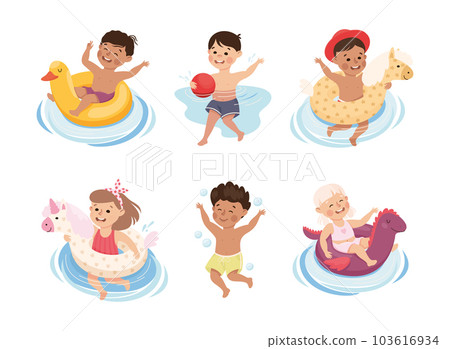Little Children Swimming with Rubber Ring in Water Vector Set 103616934