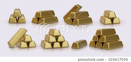 Set of gold bars with shadow in 3d realistic style. Vector illustration 103617056