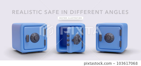 Set of 3d realistic blue safe in different angles with shadow isolated on light background. Vector illustration 103617068