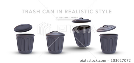 Set of 3d realistic black trash can with shadow on white background. Vector illustration 103617072